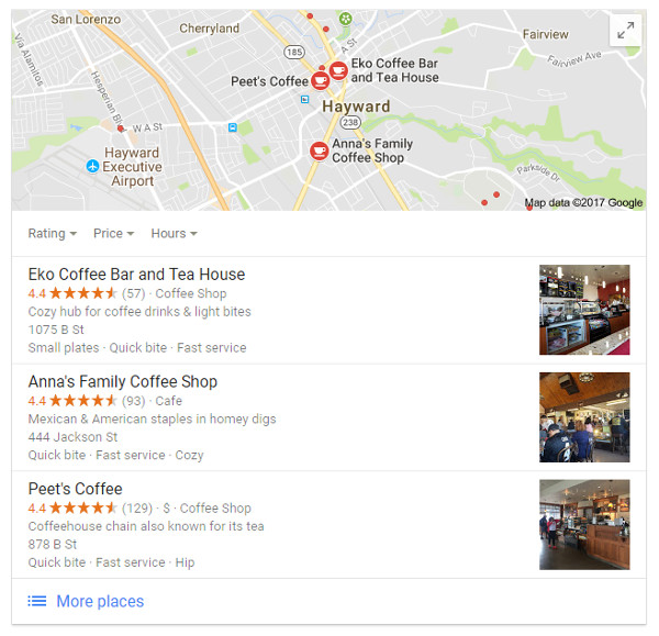 Googel local search results for coffee