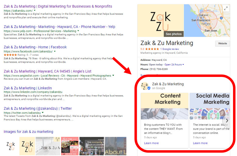 Google Posts example - Zak & Zu Marketing San Francisco Bay Area Local SEO Experts